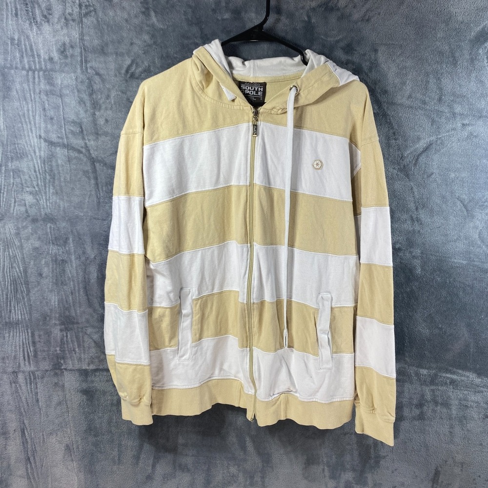 Southpole Zip Hoodie Mens Large Beige White Stripe Colorblock Sweatshirt Y2K VTG